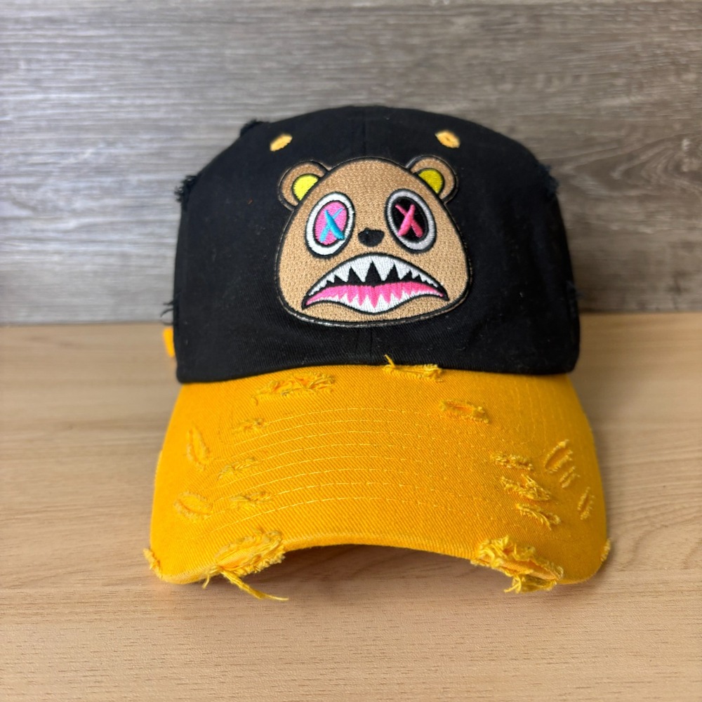 BAWS Crazy Hat Cap Strap Back Black Embroidered Distressed Outdoors